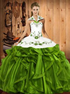  Olive Green Satin and Organza Lace Up 15th Birthday Dress Sleeveless Floor Length Embroidery and Ruffles