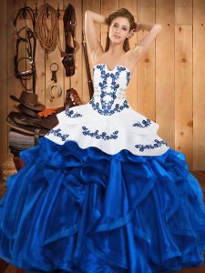  Sleeveless Floor Length Embroidery and Ruffles Lace Up 15th Birthday Dress with Blue