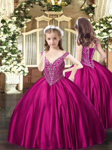  Ball Gowns Juniors Party Dress Fuchsia V-neck Satin Sleeveless Floor Length Lace Up