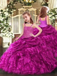  Fuchsia Ball Gowns Organza Straps Sleeveless Beading and Ruffles Floor Length Lace Up Little Girls Pageant Dress Wholesale