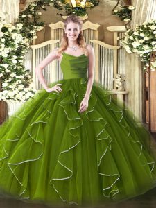  Olive Green Zipper Ball Gown Prom Dress Ruffles Sleeveless Floor Length