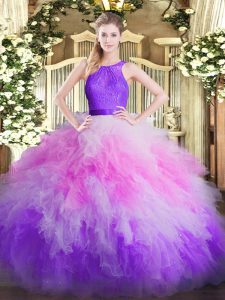  Sleeveless Organza Floor Length Zipper 15 Quinceanera Dress in Multi-color with Ruffles