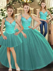  Turquoise Sleeveless Beading Floor Length Quinceanera Gowns