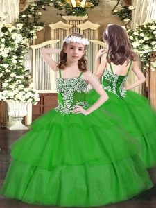 Dazzling Green Lace Up Kids Formal Wear Appliques and Ruffled Layers Sleeveless Floor Length