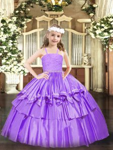 Low Price Lavender Zipper Little Girls Pageant Dress Wholesale Beading and Lace and Ruffled Layers Sleeveless Floor Length