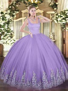  Floor Length Lavender Sweet 16 Quinceanera Dress Tulle Sleeveless Appliques