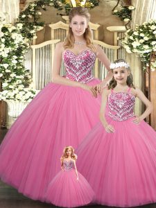  Rose Pink Tulle Lace Up Sweetheart Sleeveless Floor Length Sweet 16 Quinceanera Dress Beading