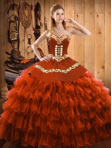 Nice Rust Red Satin and Organza Lace Up Vestidos de Quinceanera Sleeveless Floor Length Embroidery and Ruffled Layers