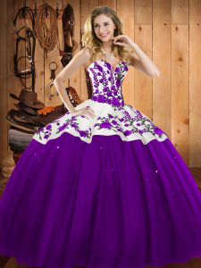Deluxe Sleeveless Floor Length Embroidery Lace Up Quinceanera Gown with Eggplant Purple