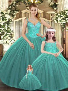 Straps Sleeveless Sweet 16 Quinceanera Dress Floor Length Beading Turquoise Tulle