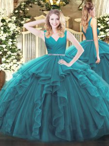  Teal Tulle Zipper V-neck Sleeveless Floor Length Quinceanera Gown Beading and Ruffles