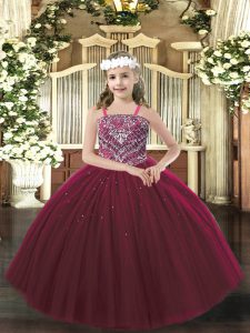 Hot Selling Floor Length Lace Up Little Girls Pageant Dress Wholesale Burgundy for Party and Quinceanera with Beading