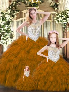  Brown Sweet 16 Dress Military Ball and Sweet 16 and Quinceanera with Beading and Ruffles Scoop Sleeveless Lace Up