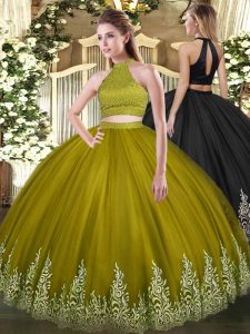  Beading and Appliques 15 Quinceanera Dress Olive Green Backless Sleeveless Floor Length