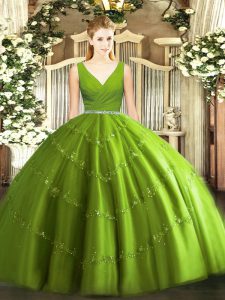 On Sale Sleeveless Tulle Floor Length Zipper Quinceanera Dresses in Olive Green with Beading