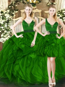  Straps Sleeveless 15 Quinceanera Dress Floor Length Beading and Ruffles Dark Green Tulle