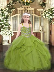 Gorgeous Floor Length Olive Green Little Girls Pageant Dress Straps Sleeveless Lace Up