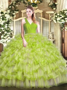  Sleeveless Organza Floor Length Zipper Quinceanera Gowns in Yellow Green with Ruffled Layers