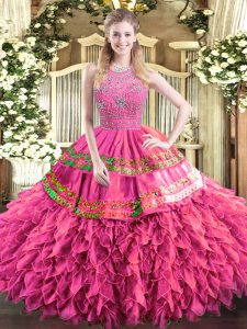  Hot Pink Sleeveless Floor Length Beading and Ruffles and Sequins Zipper Quinceanera Dress