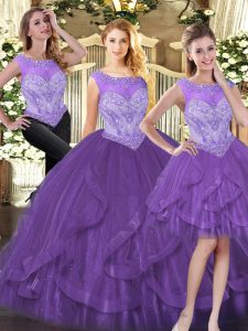  Purple Organza Zipper Scoop Sleeveless Floor Length Quinceanera Gowns Beading and Ruffles
