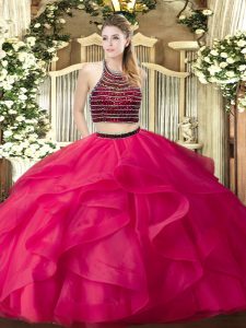  Hot Pink Sleeveless Beading and Ruffles Floor Length Quinceanera Gowns