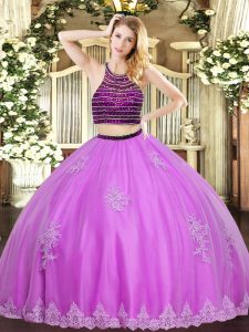 Classical Floor Length Lilac Quinceanera Dress Tulle Sleeveless Beading and Appliques