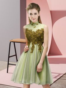  Yellow Green Damas Dress Prom and Party and Wedding Party with Appliques High-neck Sleeveless Lace Up