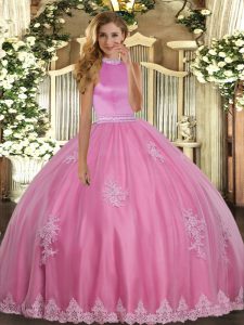 Fashion Sleeveless Floor Length Beading and Appliques Backless 15th Birthday Dress with Rose Pink 