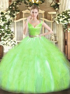  Sleeveless Tulle Floor Length Zipper Quinceanera Dresses in Yellow Green with Beading and Ruffles