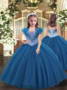  Straps Sleeveless Lace Up Pageant Gowns For Girls Blue Tulle