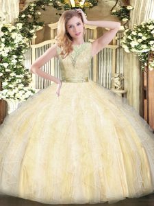 Lace and Ruffles Quinceanera Gown Light Yellow Backless Sleeveless Floor Length