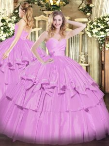  Sleeveless Taffeta Floor Length Lace Up Sweet 16 Dresses in Lilac with Beading and Ruffled Layers