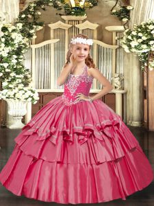  V-neck Sleeveless Little Girl Pageant Dress Floor Length Beading and Ruffled Layers Hot Pink Organza