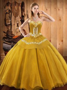  Gold Ball Gowns Sweetheart Sleeveless Satin and Tulle Floor Length Lace Up Embroidery Sweet 16 Quinceanera Dress