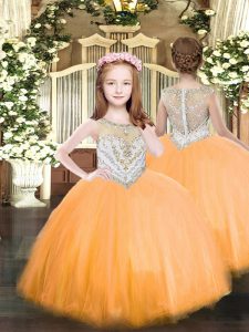 Glorious Sleeveless Tulle Floor Length Zipper Casual Dresses in Orange with Beading