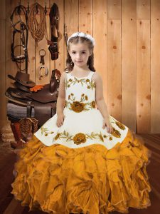 New Arrival Floor Length Zipper Little Girls Pageant Dress Gold for Sweet 16 and Quinceanera with Embroidery and Ruffles