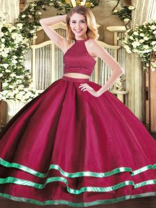  Sleeveless Tulle Floor Length Backless Sweet 16 Dresses in Fuchsia with Beading