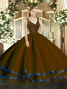 Flirting Sleeveless Organza Floor Length Backless Quinceanera Dress in Brown with Beading and Lace and Ruffled Layers
