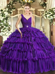  Purple Sweet 16 Quinceanera Dress Sweet 16 and Quinceanera with Beading and Ruffled Layers V-neck Sleeveless Backless