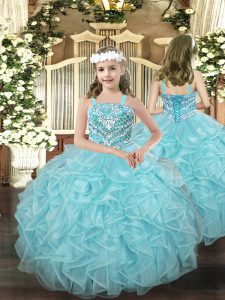 Fashion Light Blue Organza Lace Up Straps Sleeveless Floor Length Little Girl Pageant Dress Beading and Ruffles