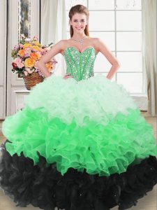 Trendy Sleeveless Floor Length Beading and Ruffles Lace Up Sweet 16 Dress with Multi-color