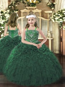 Popular Floor Length Ball Gowns Sleeveless Dark Green Kids Formal Wear Lace Up