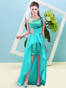  High Low A-line Sleeveless Aqua Blue Prom Gown Lace Up