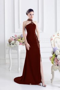 Popular Beading Prom Evening Gown Wine Red Lace Up Sleeveless Sweep Train