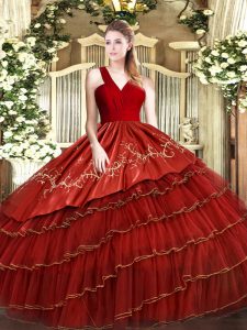 Sumptuous Wine Red Sleeveless Satin and Organza Zipper Vestidos de Quinceanera for Military Ball and Sweet 16