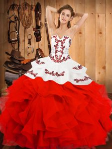 High Class White And Red Lace Up Strapless Embroidery and Ruffles Quinceanera Gown Satin and Organza Sleeveless