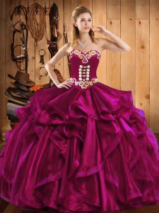  Fuchsia Sleeveless Organza Lace Up 15 Quinceanera Dress for Military Ball and Sweet 16 and Quinceanera