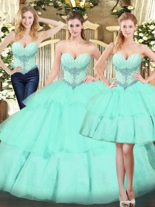  Apple Green Three Pieces Organza Sweetheart Sleeveless Beading and Ruffled Layers Floor Length Lace Up Quinceanera Dresses