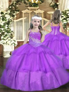 Most Popular Purple Kids Pageant Dress Party and Sweet 16 and Quinceanera and Wedding Party with Beading and Ruffled Layers Straps Sleeveless Lace Up