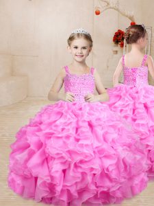 Affordable Floor Length Rose Pink Kids Formal Wear Straps Sleeveless Lace Up